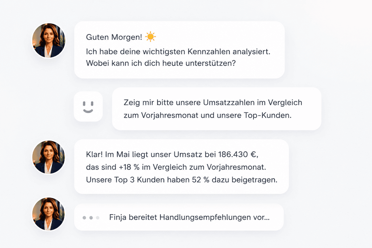 Finja analysiert im Chat Umsatz, Kennzahlen und Top-Kunden